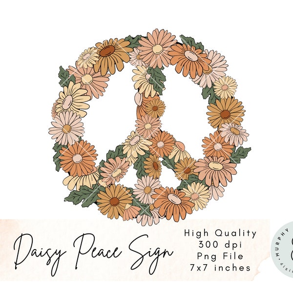 Peace Sign Clipart, Daisy Clipart, Retro Flowers Clipart, 70s Clipart, Boho Clipart, Hippie Clipart, Groovy Florals, Retro Sublimation Png