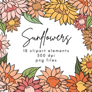May include: A collection of 18 digital clipart elements featuring sunflowers in various colors and styles. The sunflowers are outlined in black and have a vintage aesthetic. The text "Sunflowers" is written in cursive at the top of the image. The text "18 clipart elements 300 dpi png files" is written below the sunflowers.