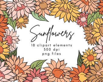 May include: A collection of 18 digital clipart elements featuring sunflowers in various colors and styles. The sunflowers are outlined in black and have a vintage aesthetic. The text "Sunflowers" is written in cursive at the top of the image. The text "18 clipart elements 300 dpi png files" is written below the sunflowers.