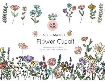 May include: A set of 68 hand-drawn flower clipart graphics in various colours, including pink, blue, yellow, and green. The graphics are perfect for creating digital or printed designs, such as invitations, cards, and scrapbook pages.