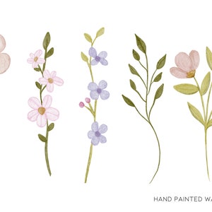 May include: Five watercolor illustrations of different floral arrangements. The illustrations feature pink, purple, and green flowers with delicate stems and leaves. The illustrations are hand-painted and have a soft, romantic feel.
