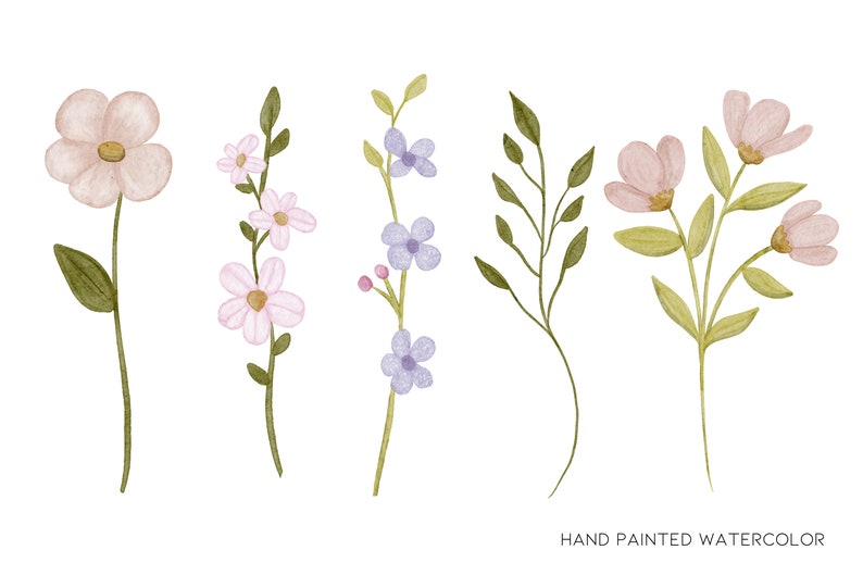 May include: Five watercolor illustrations of different floral arrangements. The illustrations feature pink, purple, and green flowers with delicate stems and leaves. The illustrations are hand-painted and have a soft, romantic feel.