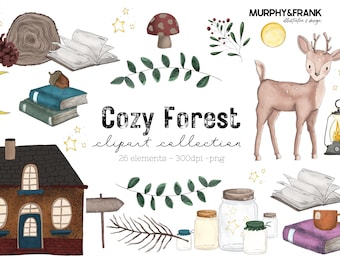 Clipart Cottagecore, Clipart Bosco, Clipart Foresta Acquerello, Clipart Amante dei Libri, Clipart Natura, Clipart Inverno Accogliente, Clipart Autunno per Bambini