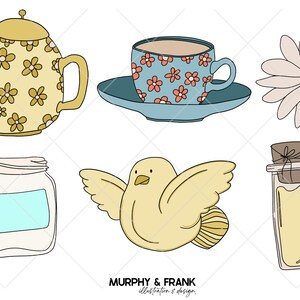 May include: A set of six hand-drawn illustrations featuring a teapot, teacup and saucer, a daisy, a jar, a bird, and a bottle with a cork. The illustrations are in a whimsical style with a yellow, blue, and white colour scheme.
