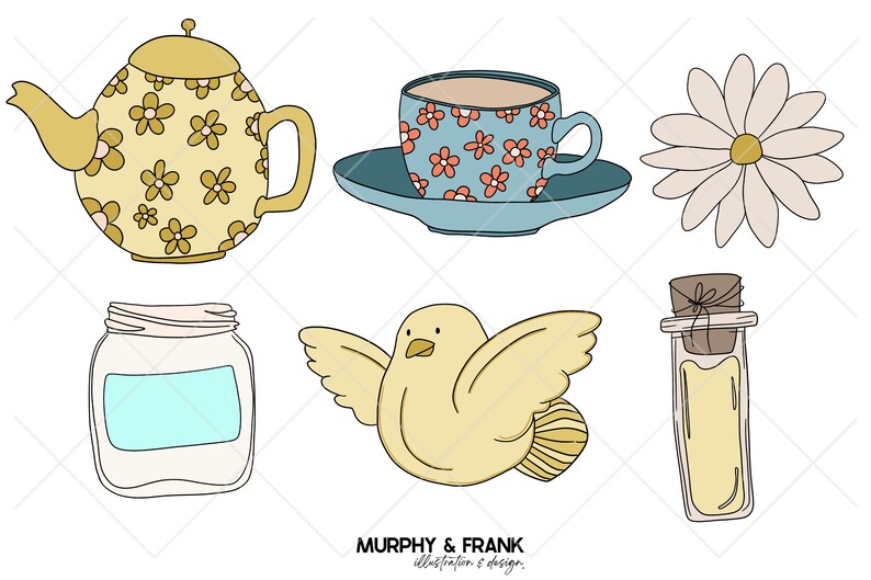 May include: A set of six hand-drawn illustrations featuring a teapot, teacup and saucer, a daisy, a jar, a bird, and a bottle with a cork. The illustrations are in a whimsical style with a yellow, blue, and white colour scheme.
