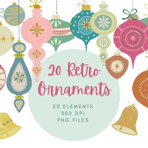 Clipart de Navidad, Clipart de adornos navideños retro, Clipart de vacaciones, Clip Art moderno de mediados de siglo, Clipart vintage, Navidad bohemia acogedora PNG