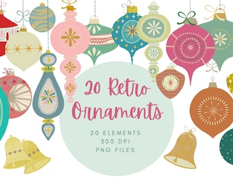 Clipart de Navidad, Clipart de adornos navideños retro, Clipart de vacaciones, Clip Art moderno de mediados de siglo, Clipart vintage, Navidad bohemia acogedora PNG
