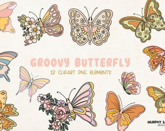 Butterfly Clipart, Butterfly Png, Butterfly Clip Art, Cute Spring Clipart, Groovy Spring Clipart, Boho Summer Clipart, Retro Kids Clipart