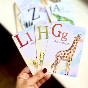 Juego de tarjetas didácticas con el alfabeto de animales de la A a la Z para juegos educativos y arte de pared para guarderías: tamaño A6 (aprox. 4 x 6 pulgadas) y A5 (aprox. 5 x 7 pulgadas)