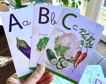 Fruits & Vegetable Alphabet Flash Cards: Watercolor Nursery Art