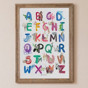 May include: A colorful alphabet poster featuring animals for each letter. The letters are painted in bright colors and each letter is paired with a different animal. For example, the letter A is paired with an alligator, the letter B is paired with a bear, and the letter C is paired with a crab.