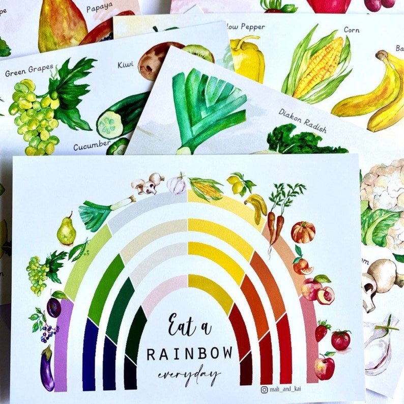 May include: A colorful rainbow chart with the text "Eat a RAINBOW everyday" surrounded by illustrations of various fruits and vegetables, including a pear, grapes, eggplant, mushrooms, garlic, corn, carrots, and a peach.