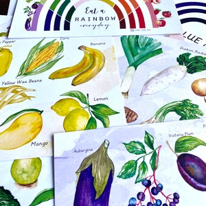 May include: A colorful rainbow chart with the text "Eat a rainbow everyday" at the top. The chart is divided into sections, each representing a different color of the rainbow. Each section features a watercolor illustration of a fruit or vegetable that is that color. The fruits and vegetables are labeled with their names.