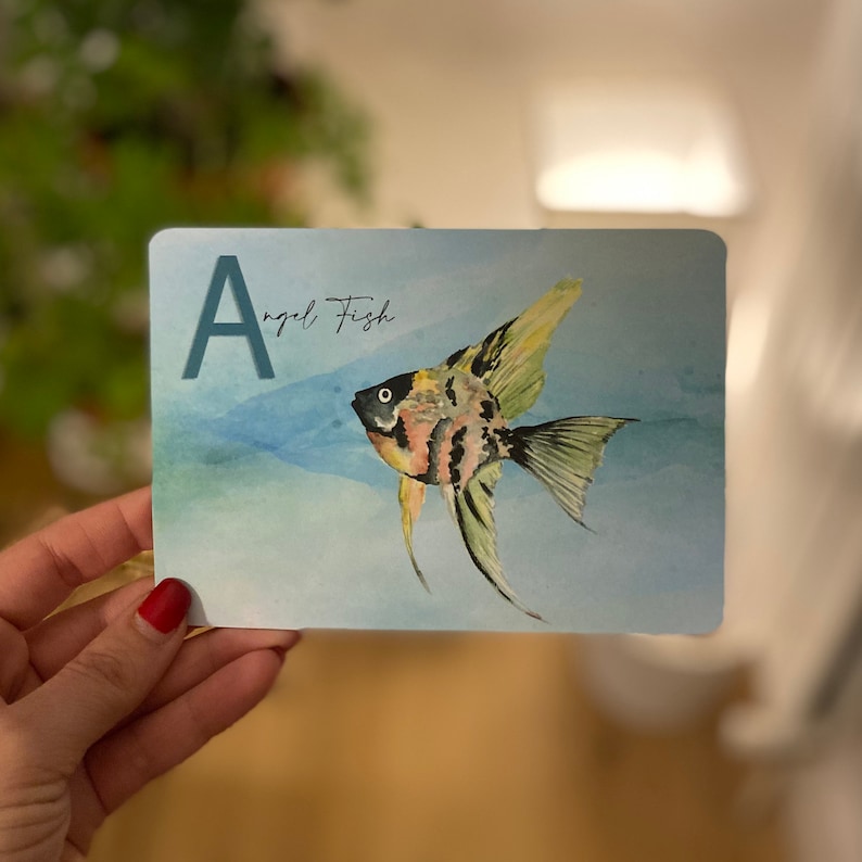 May include: A blue letter A with the words "Angel Fish" written in black cursive. A watercolor illustration of an angel fish with yellow, black, and pink markings swims in a blue and white watercolor background.