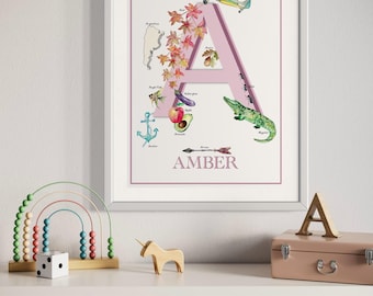 Personalized Alphabet Watercolor Nursery Print: Hand-Painted Wall Art