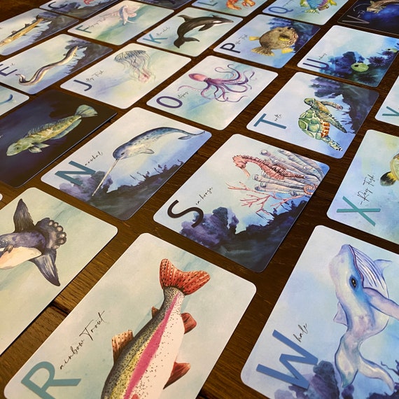 Watercolor Aquatic Alphabet Flash Cards: A-Z Educational Prints