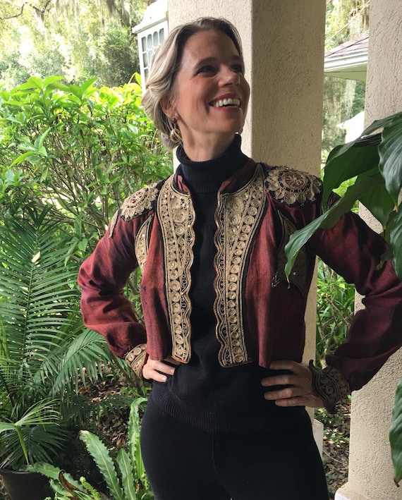 Wine Colored Antique Ottoman Military Waist Jacket