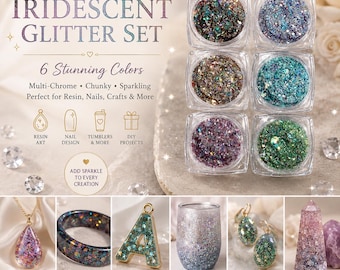 May include: A set of six square clear containers filled with chunky iridescent glitter in various colors including bronze, blue, teal, purple, and green. The image includes text labels and examples of the glitter used in resin jewelry and tumblers.