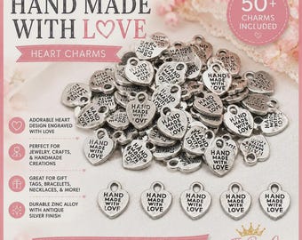 May include: A collection of over 50 silver-toned heart-shaped metal charms, each engraved with the text HAND MADE WITH LOVE. The charms feature a small loop at the top for attachment and an antique finish. Five individual charms are displayed below.