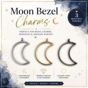 5pc Moon Bezel Pendants: Silver, Gold, Bronze Resin Jewelry (38x25.5x3.5mm)
