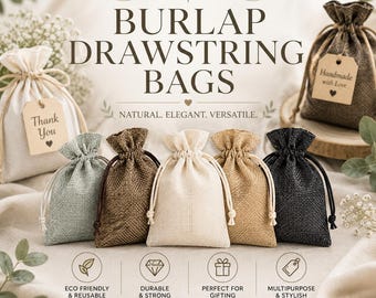 6 Burlap Drawstring Gift Bags: Assorted Colors, Party Favors (12cm x 9cm)