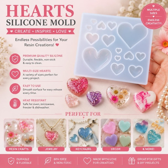 Heart Silicone Mold, Resin Epoxy Casting, Charm Cabochon Mold