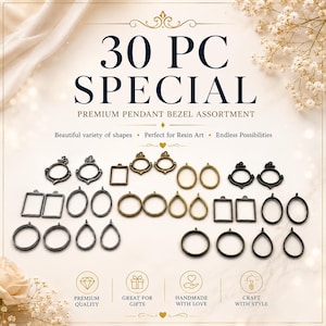 May include: A 30-piece assortment of metal pendant bezels in various shapes including circles, ovals, rectangles, and teardrops. The collection features black, bronze, and gold-toned finishes, each with a small loop at the top for hanging.