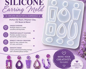 May include: A rectangular translucent silicone earring mold featuring various geometric cavities for casting shapes. The mold is displayed alongside five finished purple glitter resin earrings and text detailing its use for resin and polymer clay.