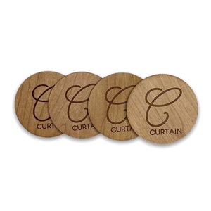 Initial &quot;C&quot; Accent Engraved Name &quot;Curtain&quot; Wood Coasters with Cork 4&quot;