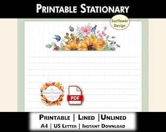 Printable Sunflower Lined Writing Paper, Sunflower Snail Mail Stationery, Printable Note Pages