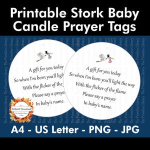 Etykieta na świeczki na baby shower Stork, etykieta na świeczki z nadrukiem Baby Light This Candle, modlitwa na baby shower, świeczki na baby shower z modlitwą