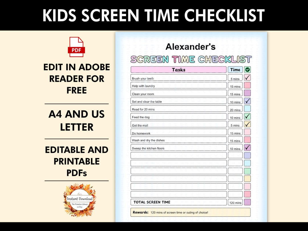 Editable Kids Screentime Checklist Chart, Daily Routine Chart Printable ...