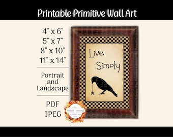 Afdrukbare primitieve Amerikaanse volkskunstafdrukken, primitieve kraai, gewoon live digitale download