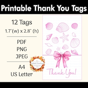 Coquette Sea Shells Thank You Tags Printable, Beach Wedding Party, Baby Shower Favors Tags, Engagement Party