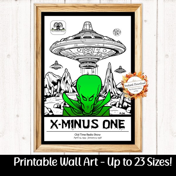 UFO Alien, bovennatuurlijk, mysterie, retro kunst aan de muur, jaren 1950 radio, X min 1, ruimte Sci Fi kunst, vintage posters, OTR, JPEG