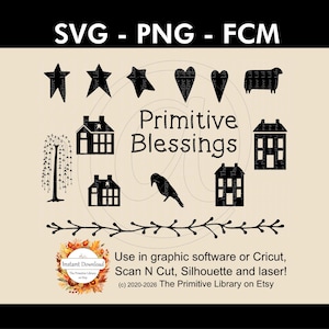 Primitive Saltbox House, Willow Tree, Primitive Star, Hearts, Sheep svg, Americana Clipart, Scan and Cut