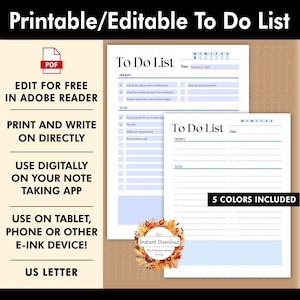 Puede incluir: Una lista de tareas imprimible y editable en tamaño US Letter. La imagen muestra dos plantillas de lista de tareas con acentos azules. El texto incluye "Editar gratis en Adobe Reader", "Imprimir y escribir directamente" y "Usar digitalmente en tu aplicación de toma de notas".