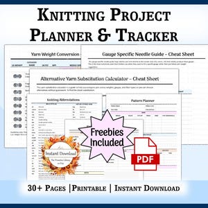 Strickjournal Projektplaner Printable, Reihenzähler, Umrechnungstabelle, Stricknadel-Größentabelle, Garnvorrat-Tracker