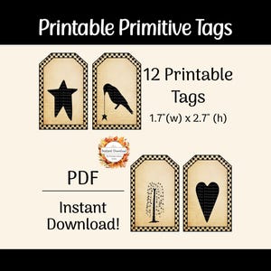 Primitive American Folk Art, Primitive Crow, Willow Tree, Star, Heart, Prim Gingham, Fall Printable Tags