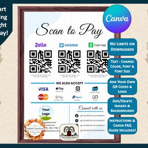 Puede incluir: Una plantilla de letrero de pago digital en un marco de madera oscura con el texto Scan to Pay, tres marcadores de posición de código QR para Zelle, Venmo y Cash App, e iconos para Visa, Apple Pay, Square, Mastercard, Google Pay, PayPal y efectivo.