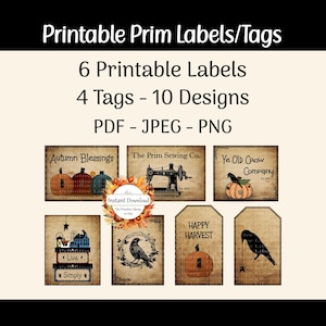 Primitieve etiketten, Amerikaanse volkskunst, primitieve kraai, pompoenen, decoupage-afdrukken, Saltbox House, Wilg