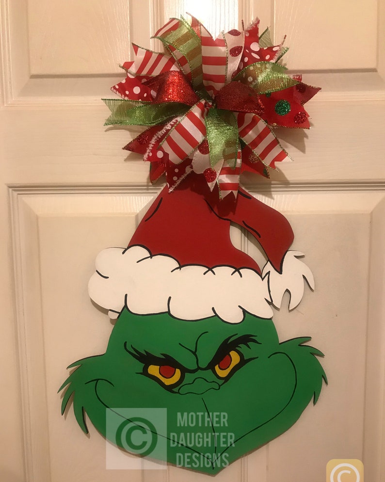 Wooden Grinch Face Door Hanger Etsy