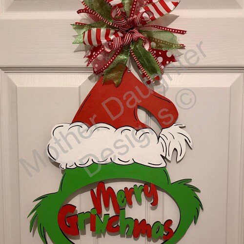 Wooden Grinch Face Door Hanger Etsy