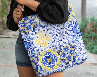 Portuguese Azulejos tote bag, Portugal tote,  Mediterranean tile print, Shopping tote, Beach bag, Blue tile tote, Reusable bag, Book bag