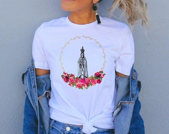 Our lady of Fatima Floral T-Shirt, Christian TShirt, Virgin Mary Shirt, Blessed Mary tee, Religious Catholic Top, Christian gifts,Pray shirt