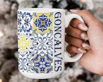 Portuguese Azulejos Mug, Personalized mug, Custom Portugal Mug, Portugal Gifts, Portuguese mug, Portuguese Pride, Blue tile mug with name
