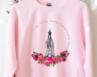 Virgin Mary Sweatshirt, Our Lady Fatima, Christian Sweater, Catholic Gifts, Religious Floral Sweater, Catholic shirt, Mother Mary sweatshirt