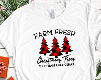 Buffalo Plaid Christmas Tree Tshirt, Womens Holiday Tshirt, Farm Fresh Pine Christmas Trees, Ladies Christmas Party Top, Merry Christmas tee
