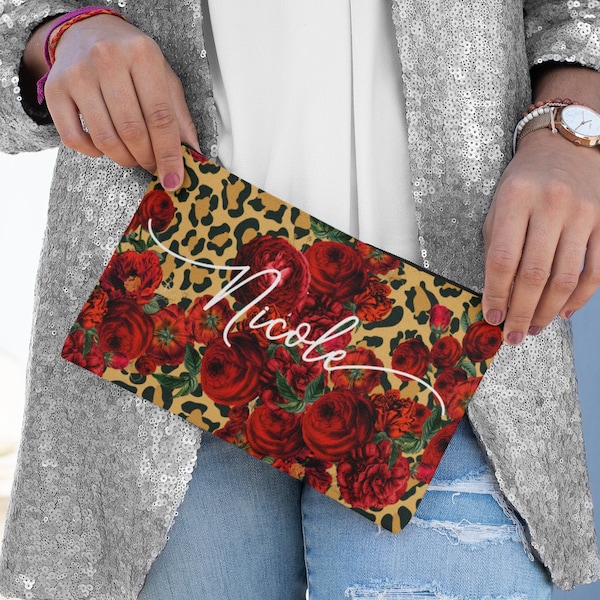 Personalized Leopard Print Floral Makeup Bag, Cheetah Print Cosmetic bag, Red Rose travel bag, Animal Print bag, Leopard Cosmetic case