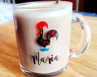 Personalized Glass Coffee Mug, Portuguese Barcelos Rooster Design